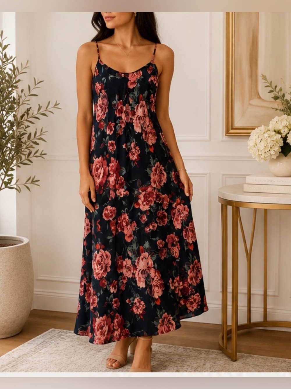 Free People Black Maxi Dress with Rose-Print